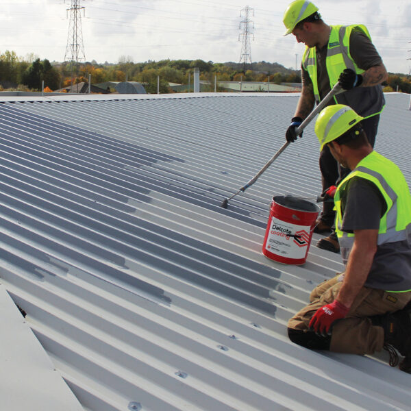 Two male roof workers applying a coating to a metal roof