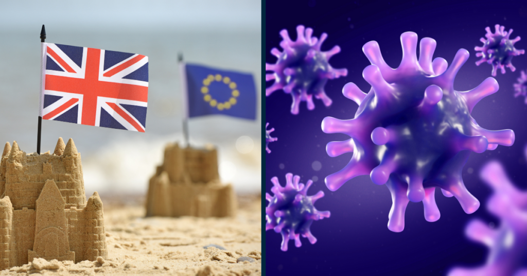 Image showing sandcastles on british beach with uk and eu flags highlighting brexit debate next to a covid coronavirus virus image.  Double trouble for the adhesives specialists market.
