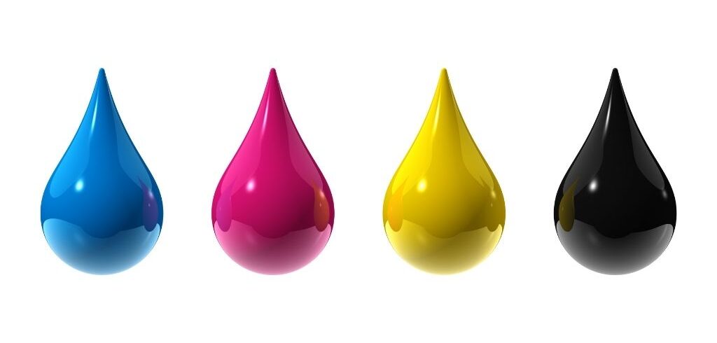 Image of four coloured ink droplets, blue, pink, yellow, black, left to right