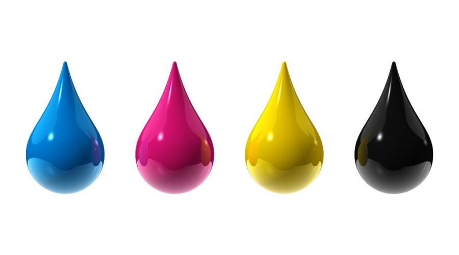 Image of four coloured ink droplets, blue, pink, yellow, black, left to right