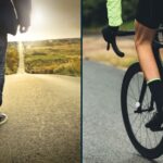two images side by side. Left image is someone walking. Right image is someone cycling.