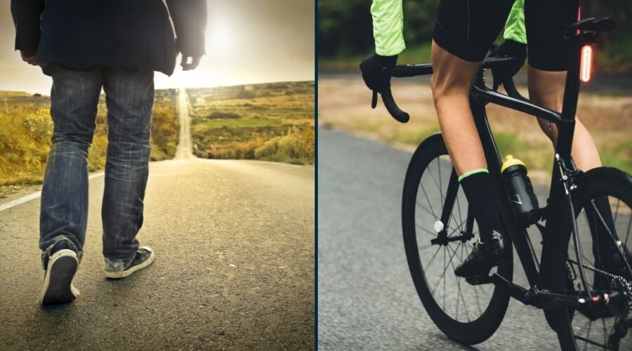 two images side by side. Left image is someone walking. Right image is someone cycling.