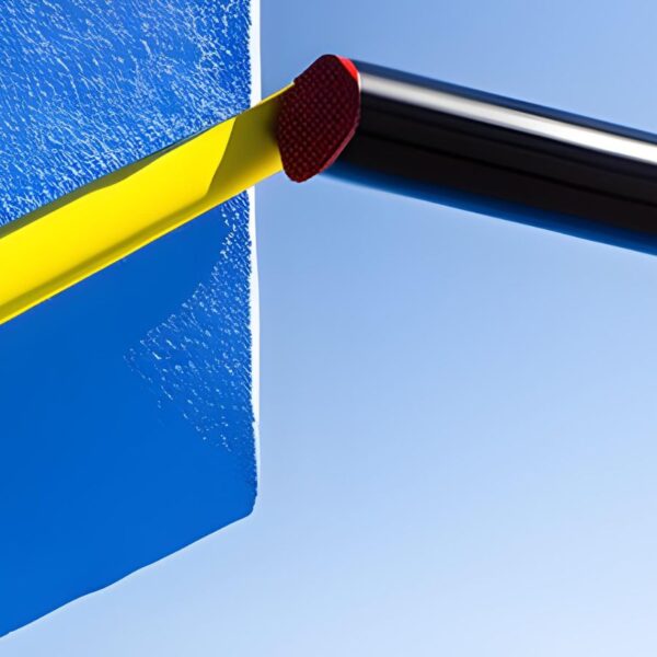 Abstract image of a yellow silicone coating being applied to a groove on a blue surface.