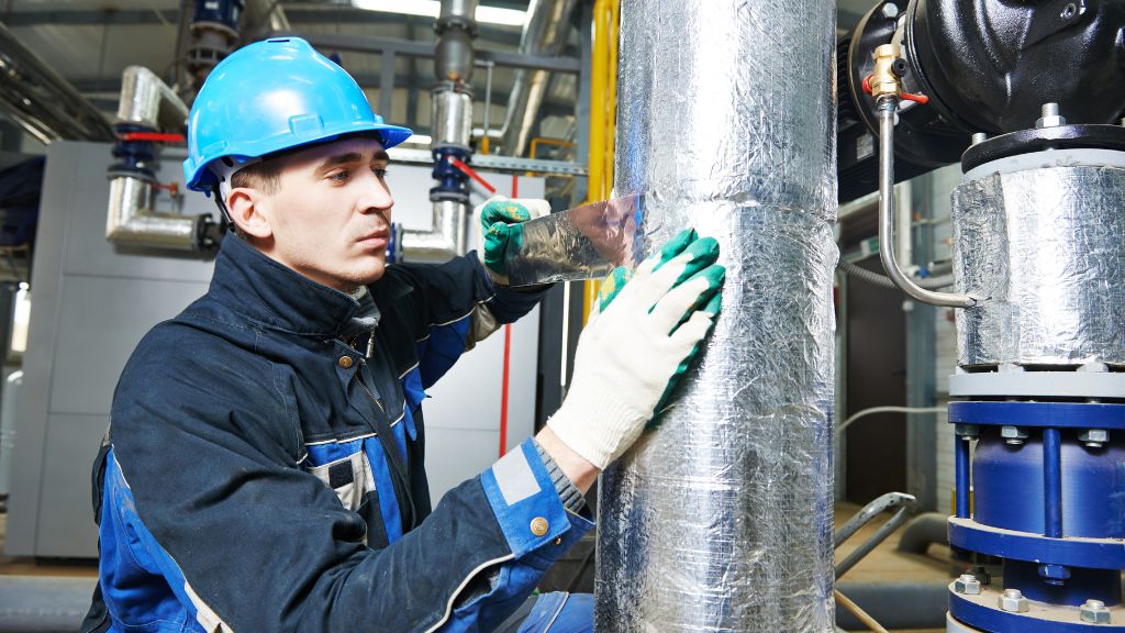 Industrial adhesive bonding. Young male worker adhering insulation to pipework