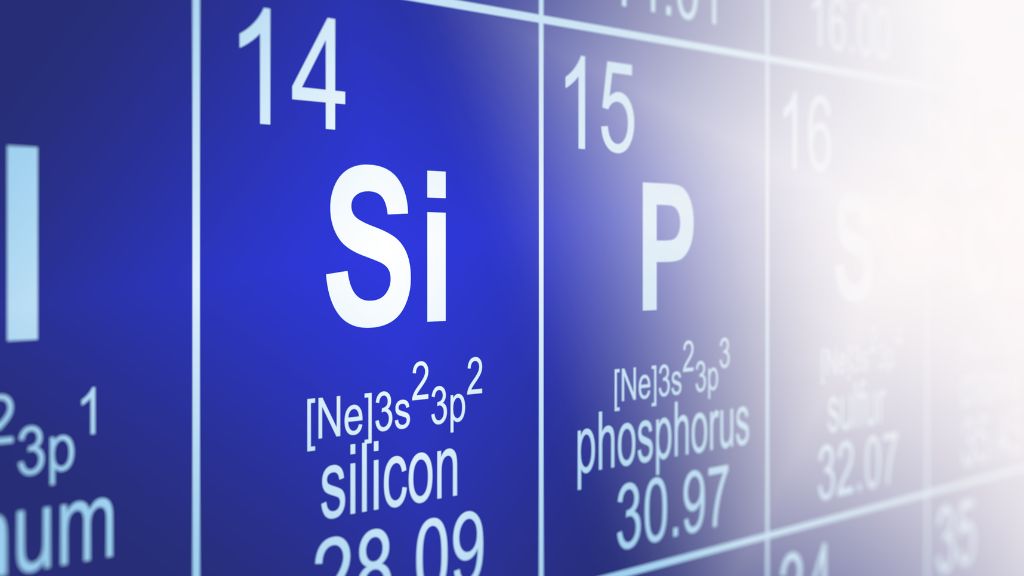 Silicon element symbol shown on a blue periodic table.